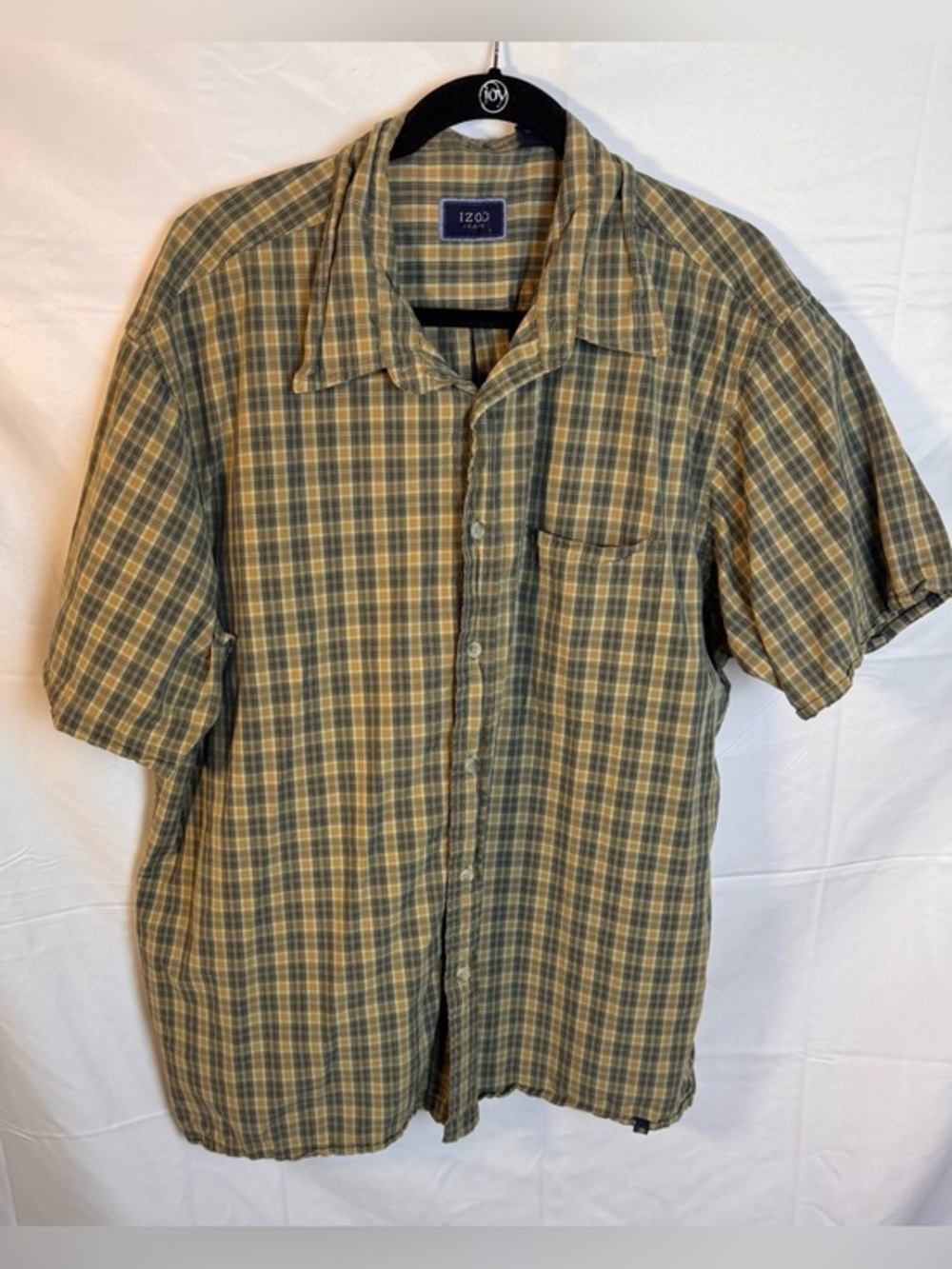 Izod Men's Short Sleeve Plaid Button-Up in Olive Green and Tan